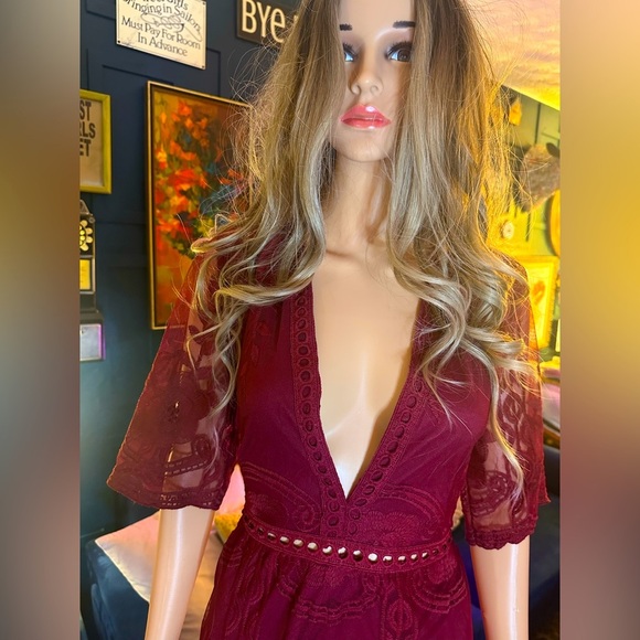 Maroon Burgundy Boho Sheer Lace Dress Sz L - NEW - Picture 2 of 7